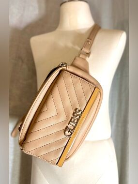 Guess Beige Quilted Crossbody Belt Bag with Gold Logo Accent|Adjustable Straps